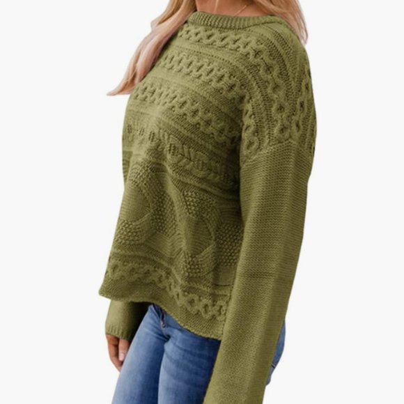 NWT Solid Olive Army Green Cable Knit Thick Chunky Bell Sleeve Pullover Sweater - Picture 4 of 4